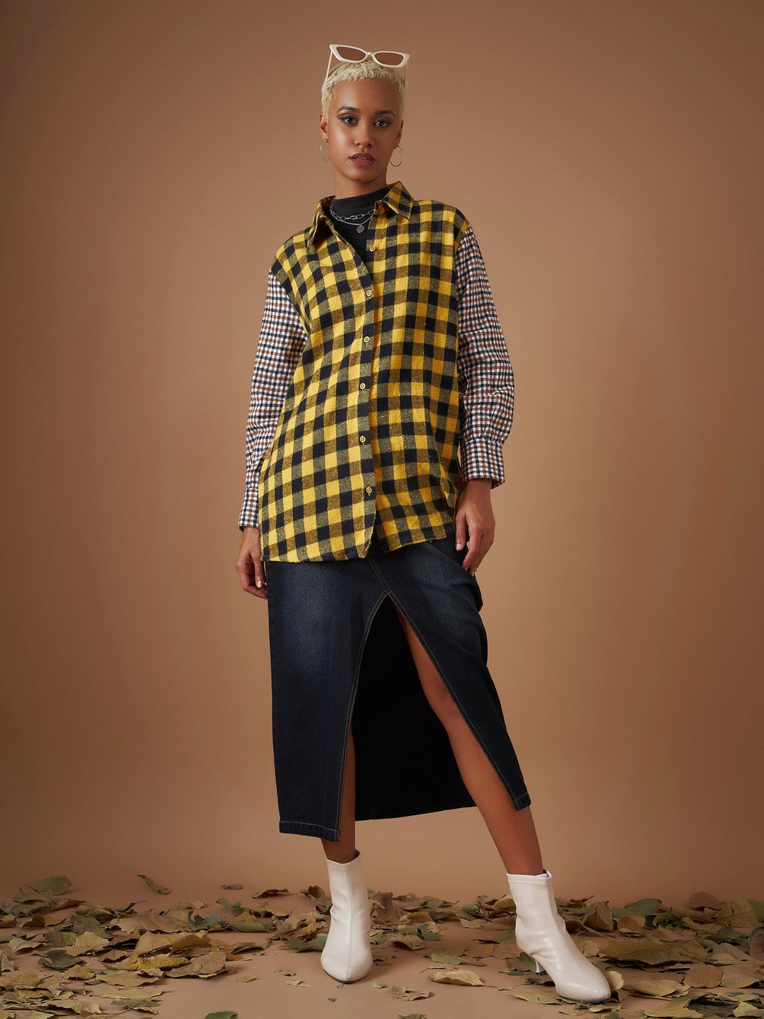 Women's Women Yellow Flannel Check Colour Block Regular Shirt in Cotton by Sassafras for wholesale, bulk, supplier, manufacturer and wholesaler buyers from Trendphoria