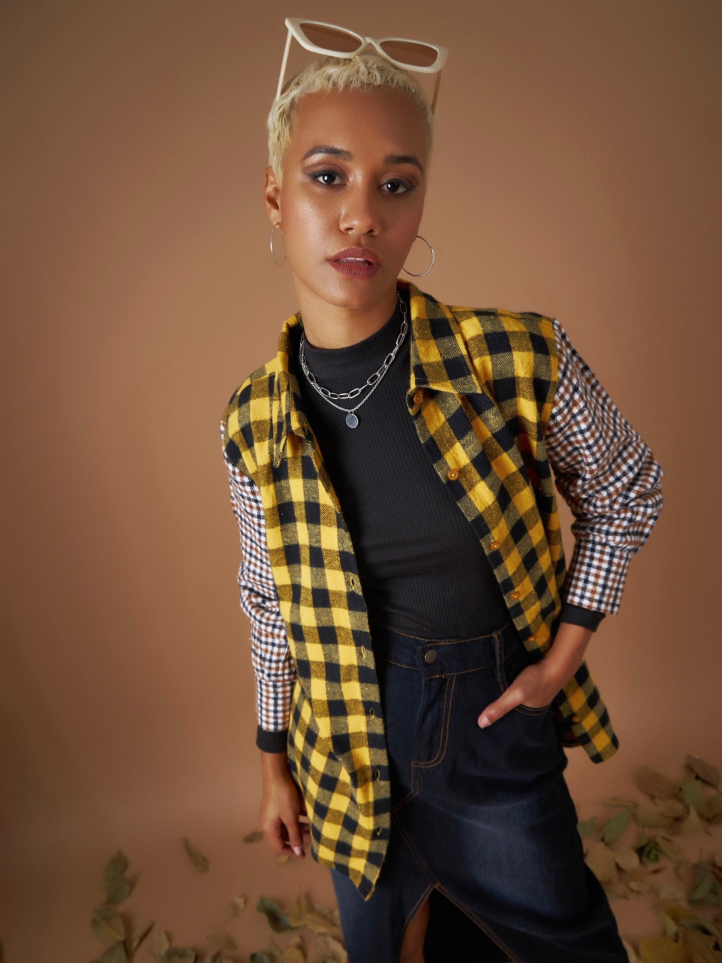 Women Yellow Flannel Check Colour Block Regular Shirt