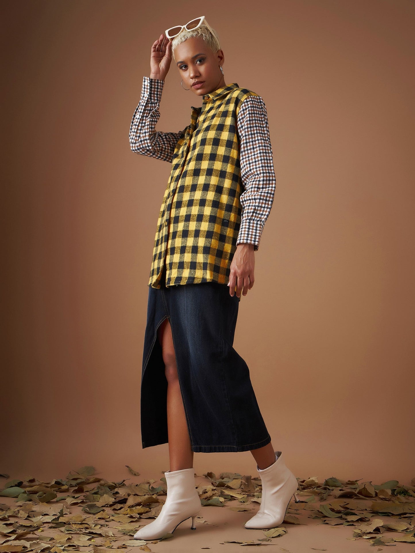 Women Yellow Flannel Check Colour Block Regular Shirt