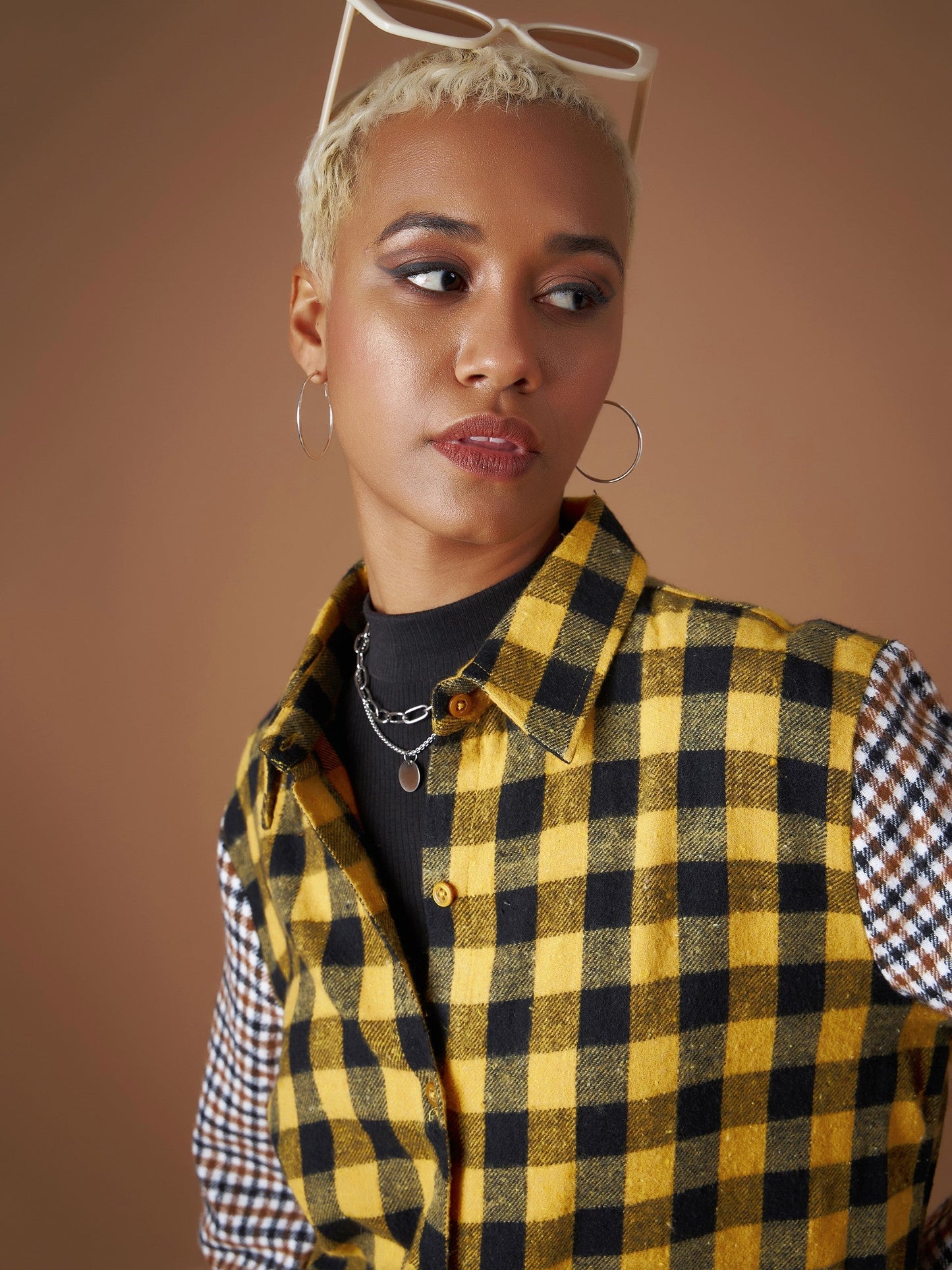 Women Yellow Flannel Check Colour Block Regular Shirt