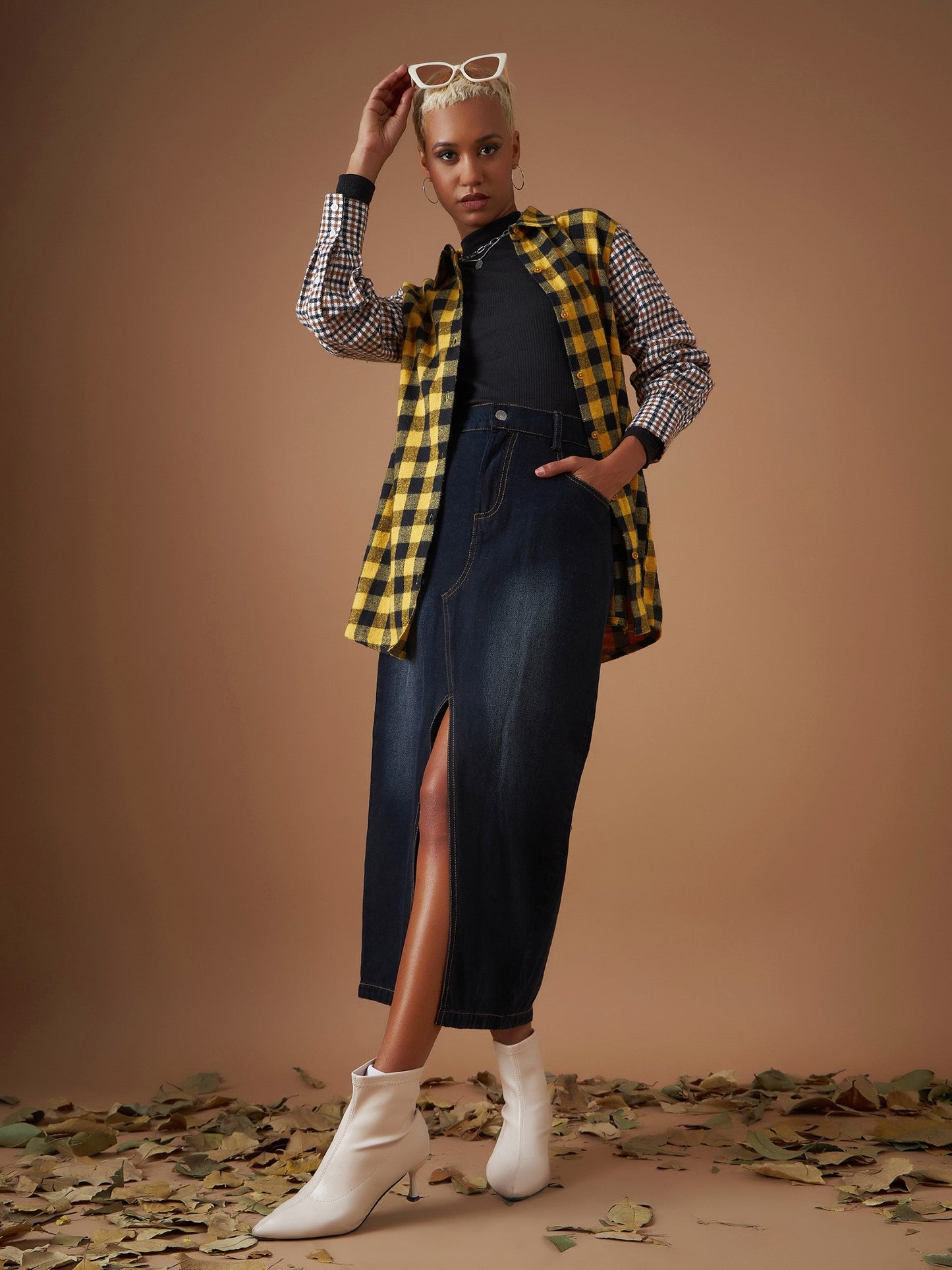 Women Yellow Flannel Check Colour Block Regular Shirt
