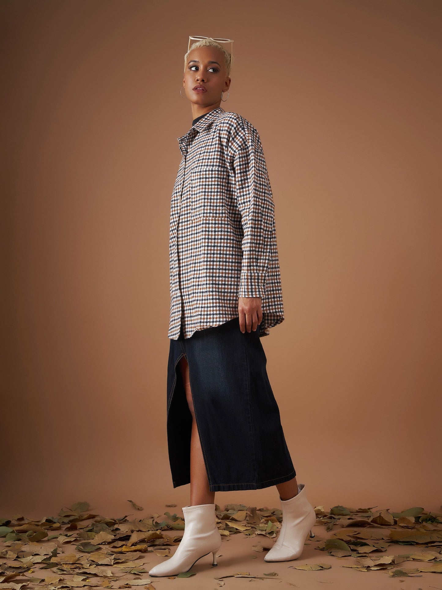 Women Brown Flannel Check Oversized Shirt