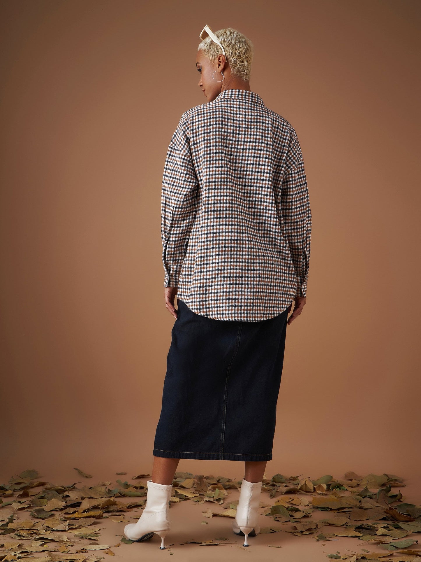 Women Brown Flannel Check Oversized Shirt