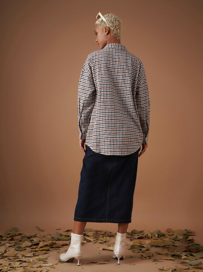 Women Brown Flannel Check Oversized Shirt