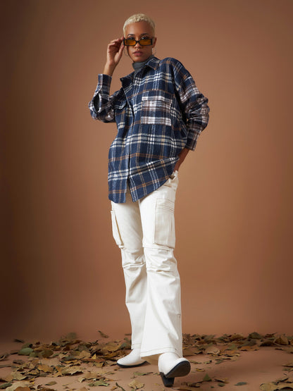 Navy Flannel Check ColourBlock Oversized Shirt