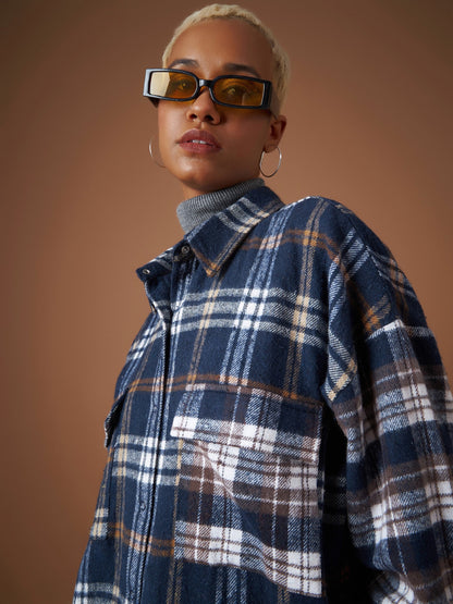 Navy Flannel Check ColourBlock Oversized Shirt