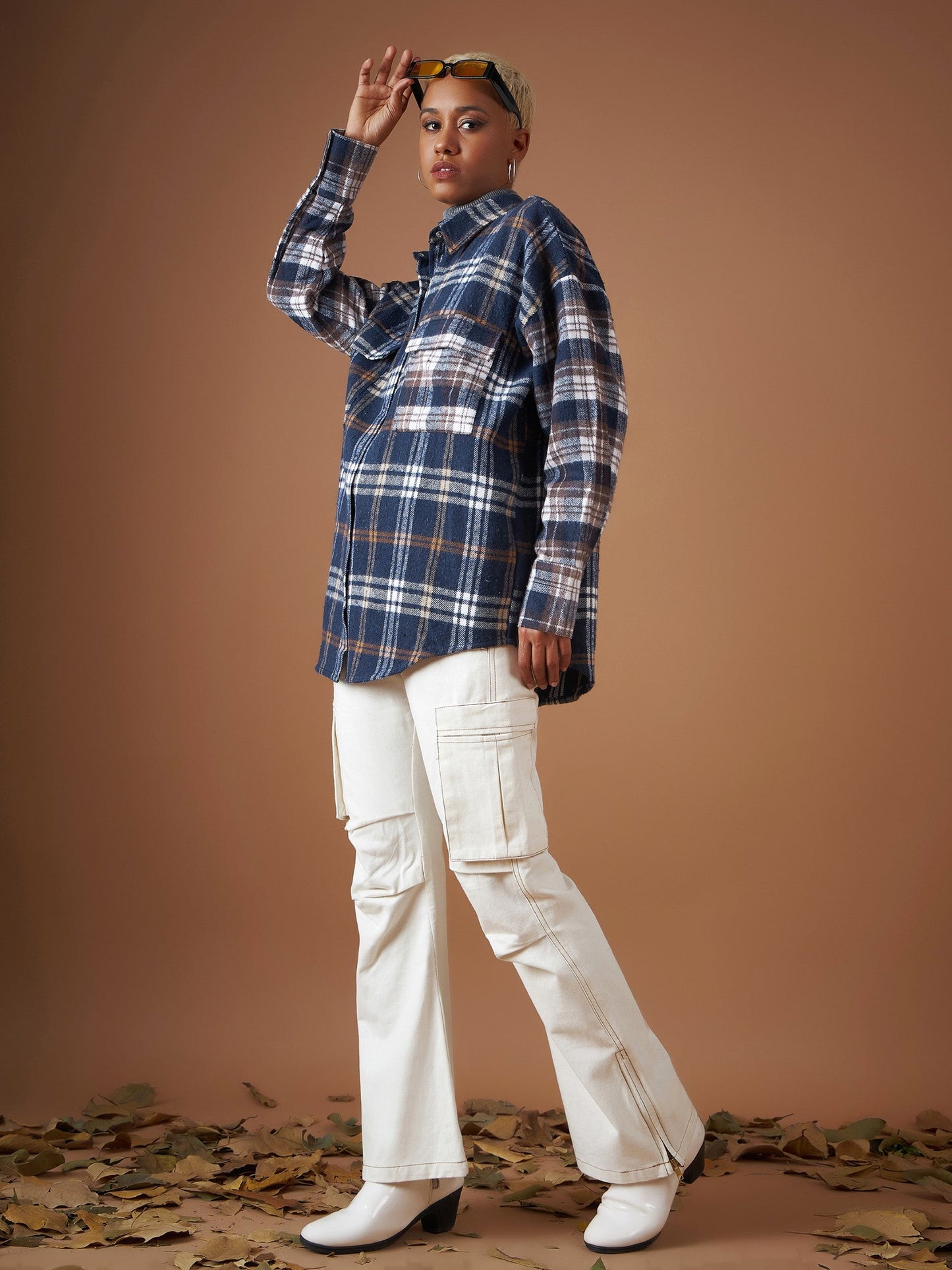 Navy Flannel Check ColourBlock Oversized Shirt