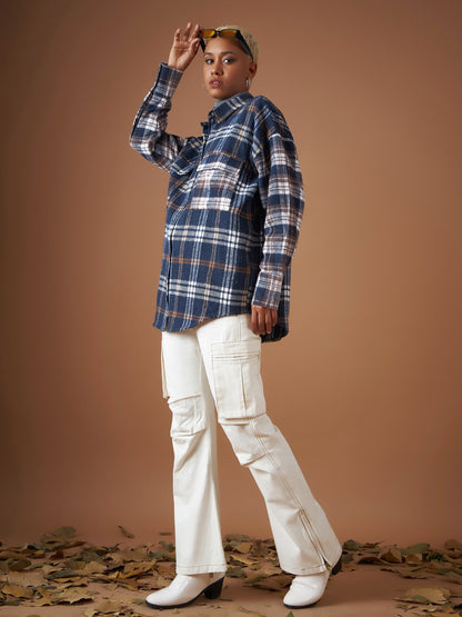 Navy Flannel Check ColourBlock Oversized Shirt