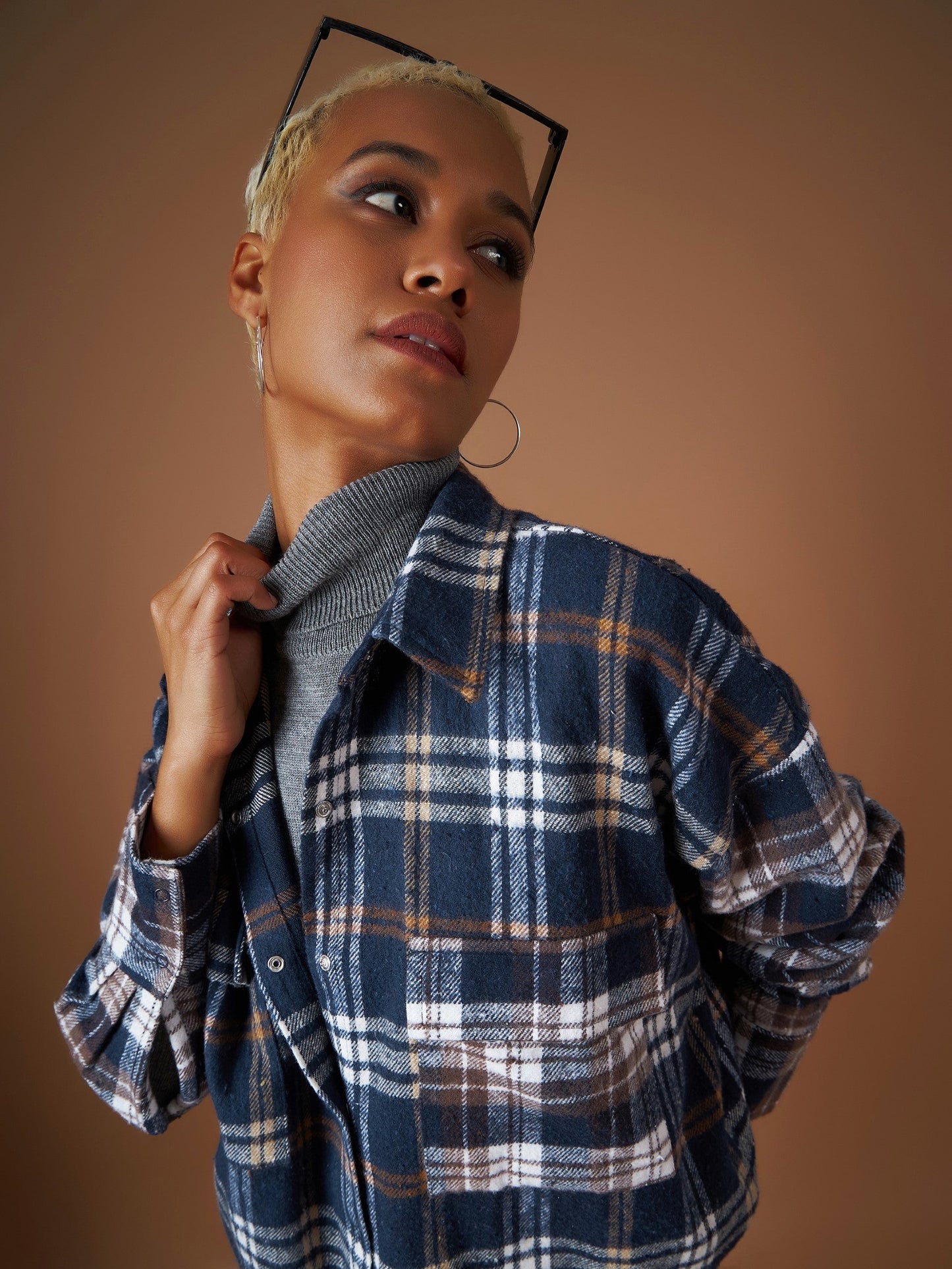 Navy Flannel Check ColourBlock Oversized Shirt