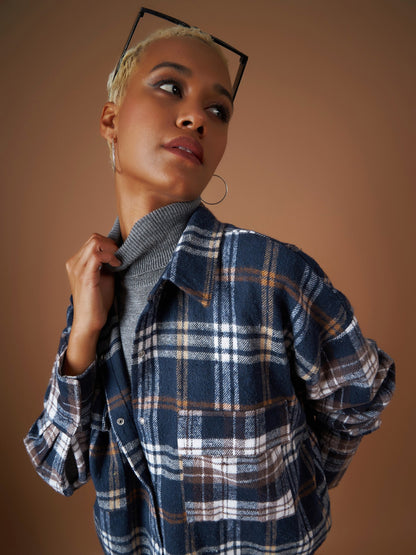 Navy Flannel Check ColourBlock Oversized Shirt