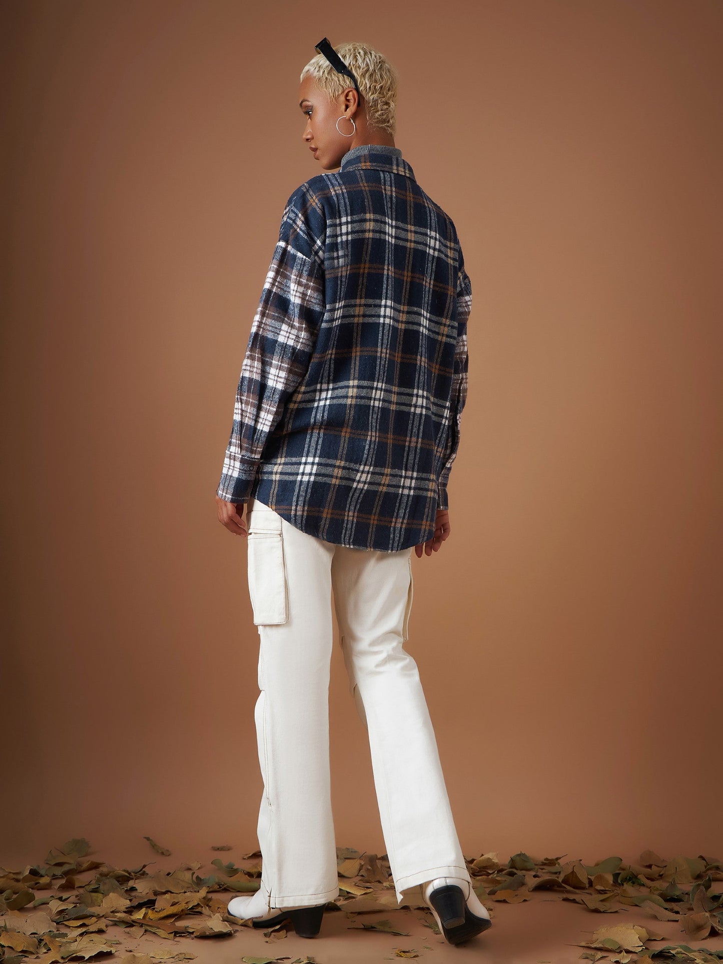 Navy Flannel Check ColourBlock Oversized Shirt