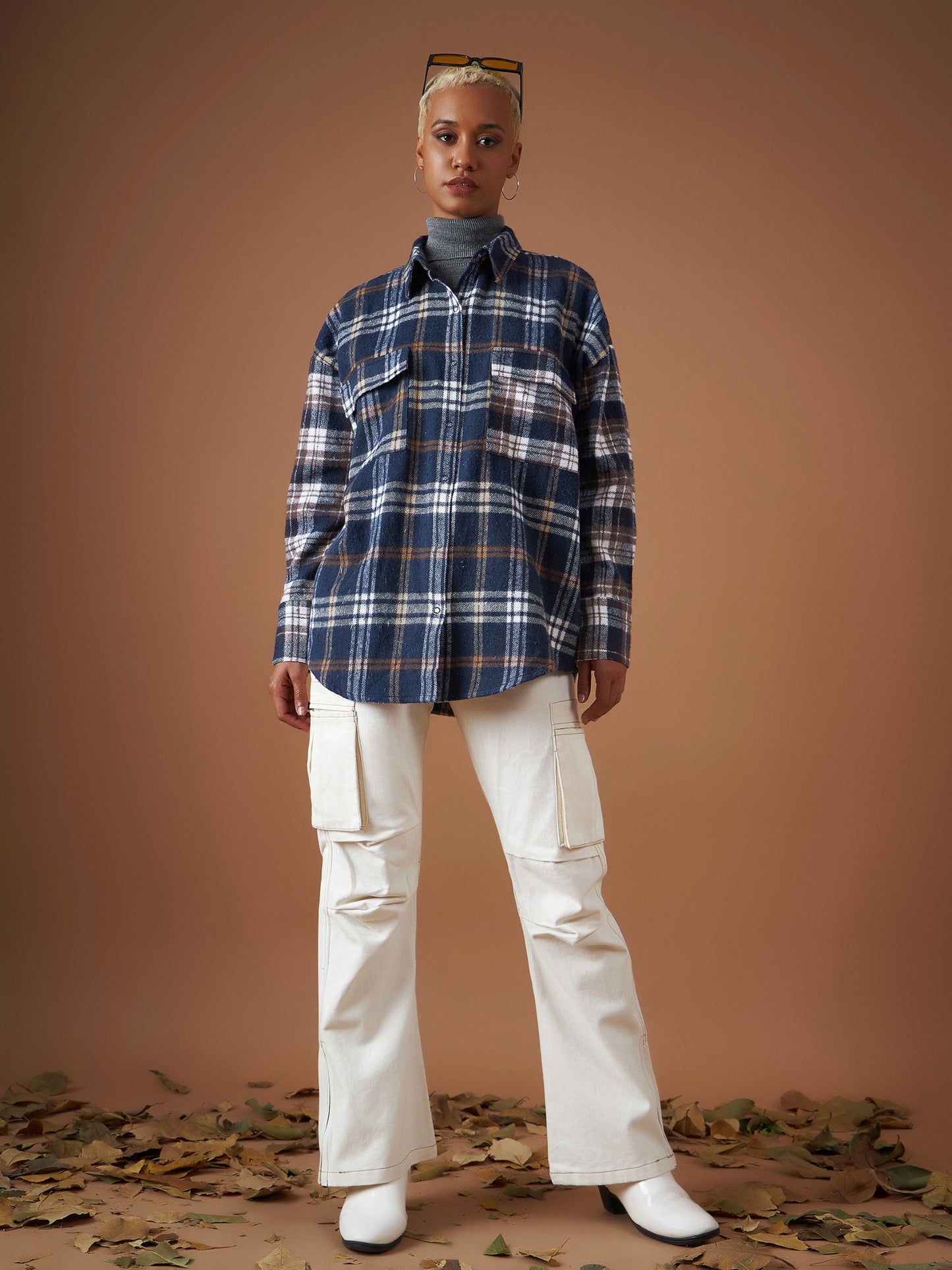 Navy Flannel Check ColourBlock Oversized Shirt