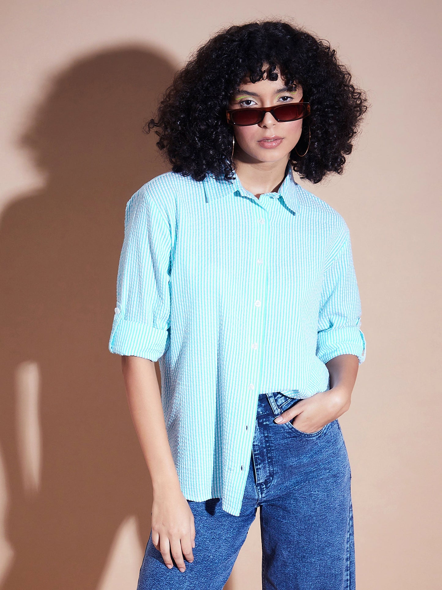 Blue Seersucker Pinstriped Oversized Shirt