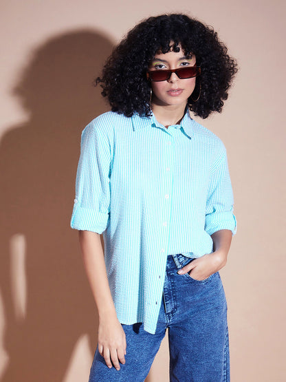 Blue Seersucker Pinstriped Oversized Shirt
