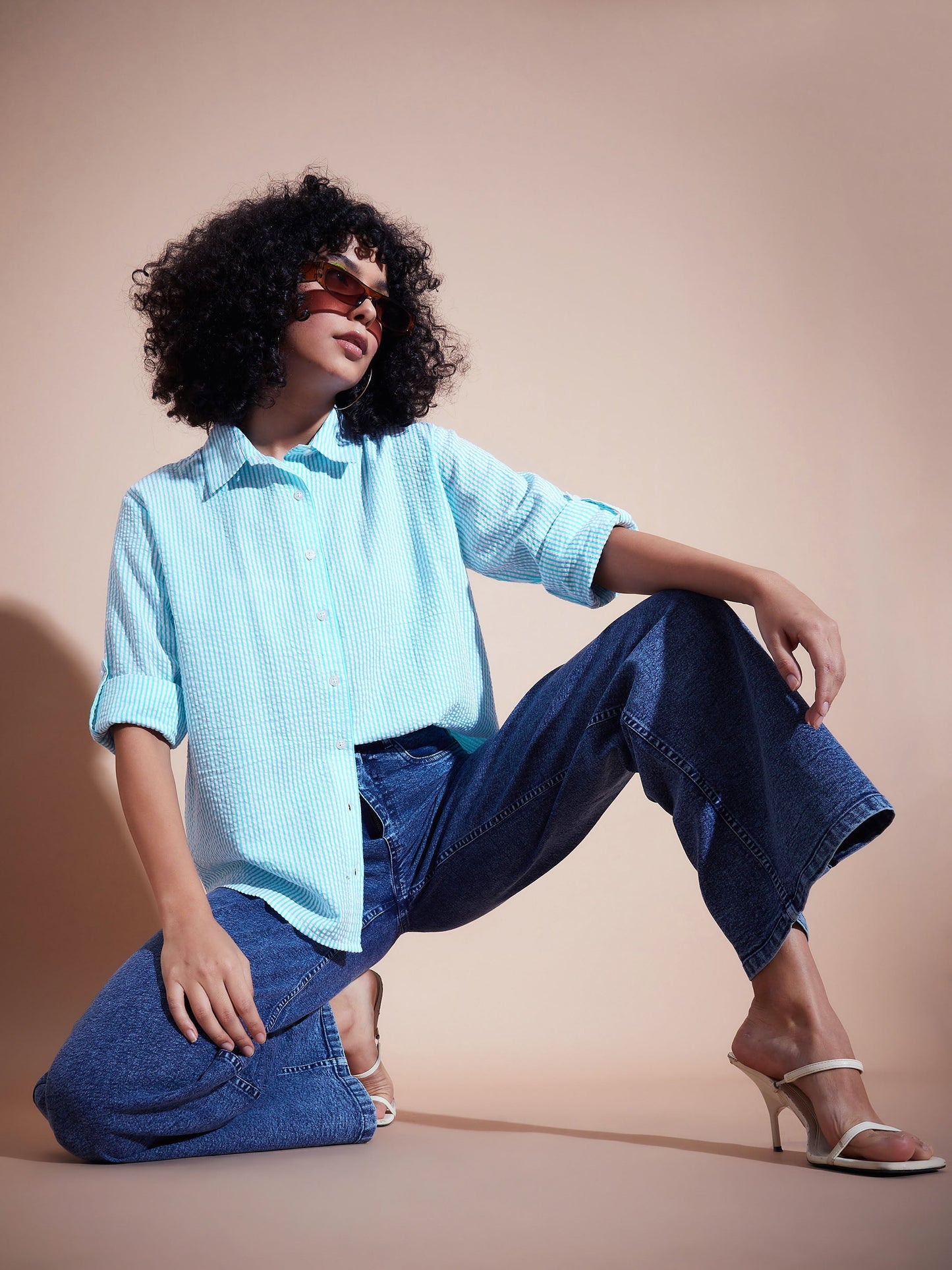 Blue Seersucker Pinstriped Oversized Shirt