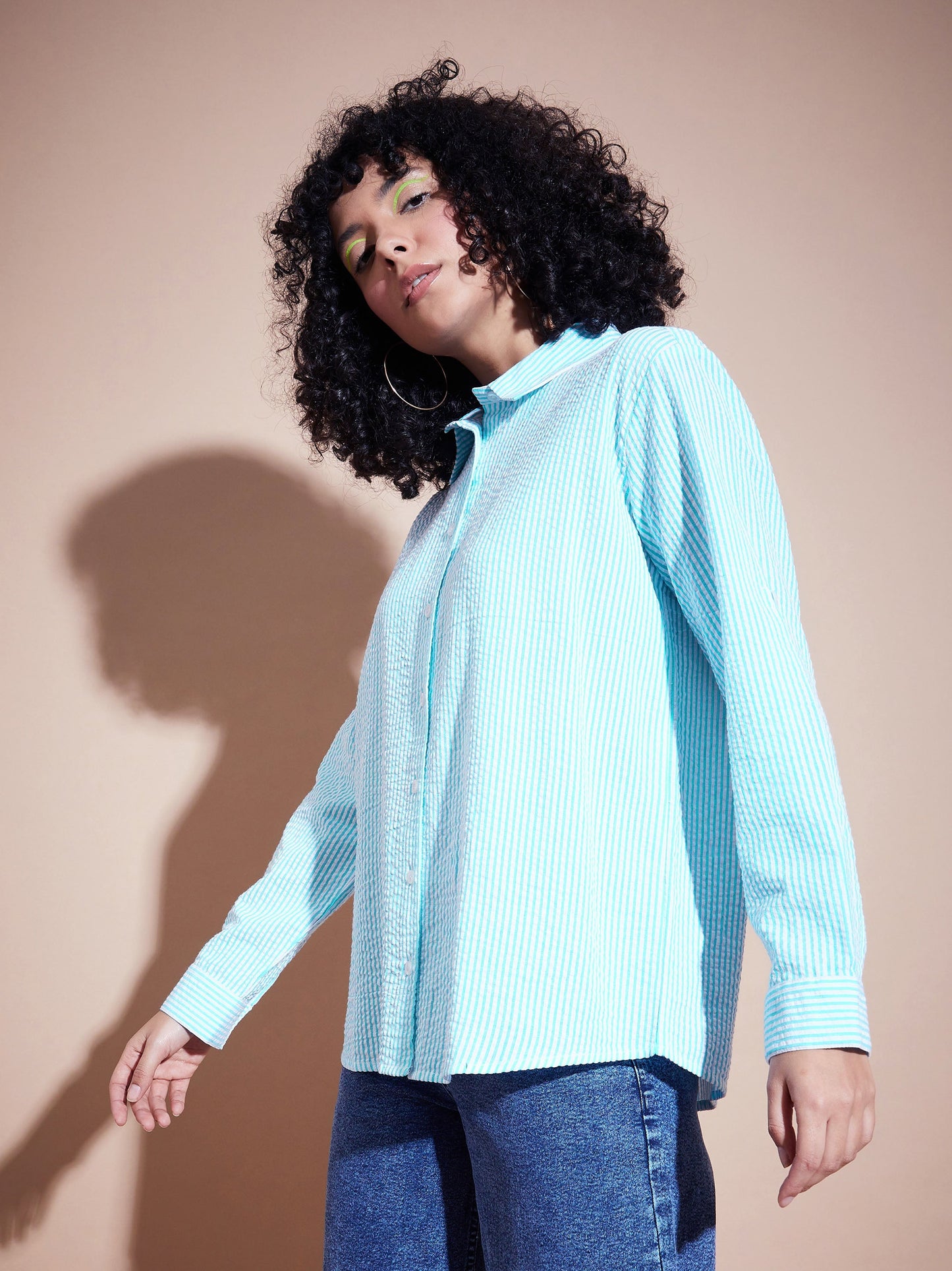 Blue Seersucker Pinstriped Oversized Shirt