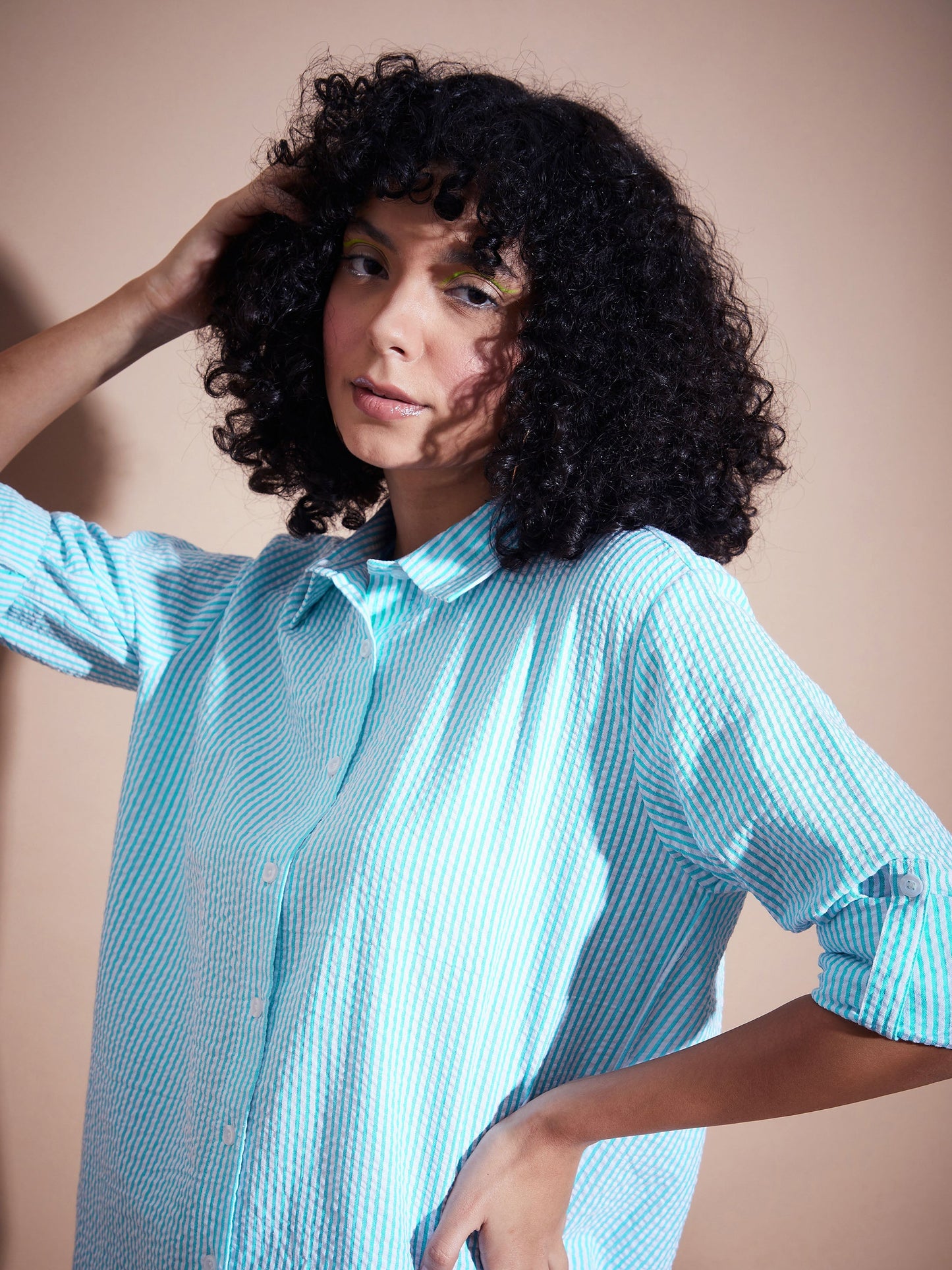 Blue Seersucker Pinstriped Oversized Shirt