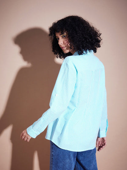 Blue Seersucker Pinstriped Oversized Shirt
