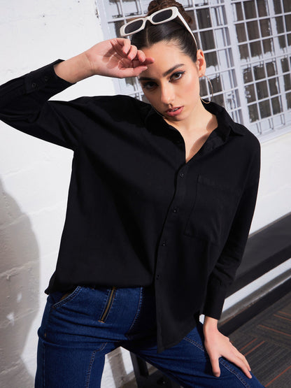 Black Cotton Twill Oversized Shirt