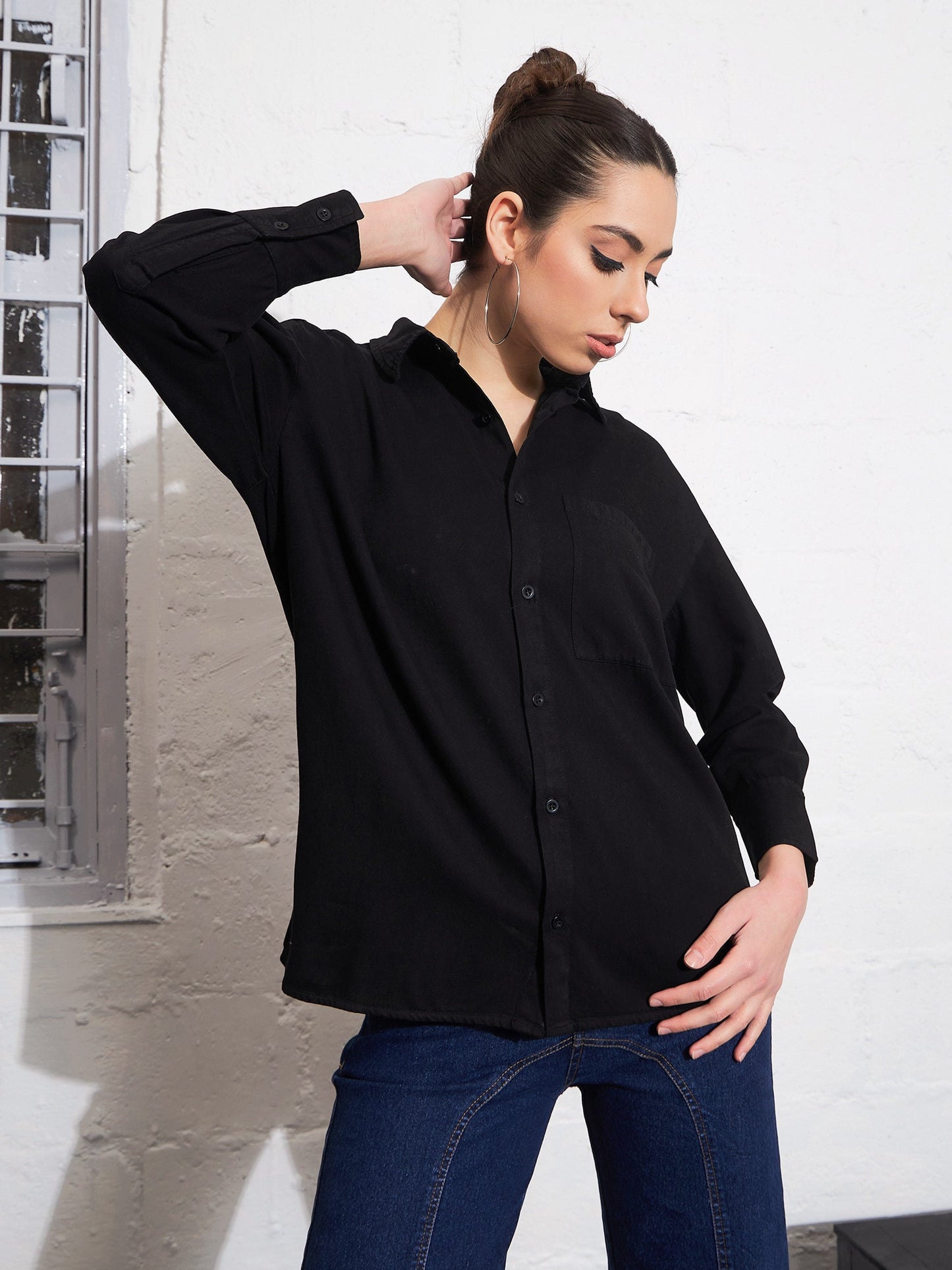 Black Cotton Twill Oversized Shirt