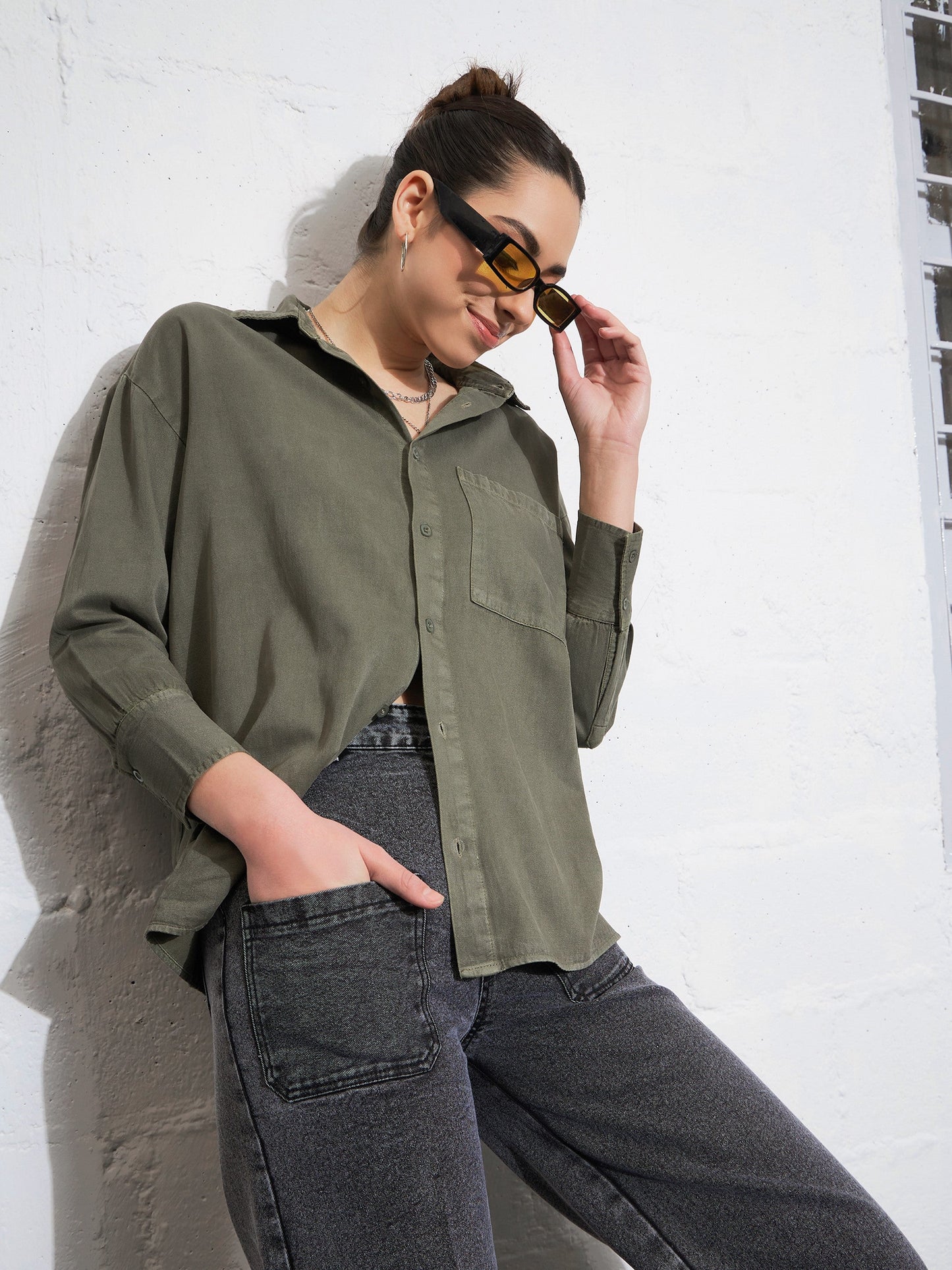 Olive Cotton Twill Oversized Shirt