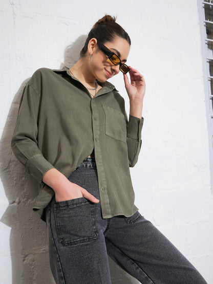 Olive Cotton Twill Oversized Shirt