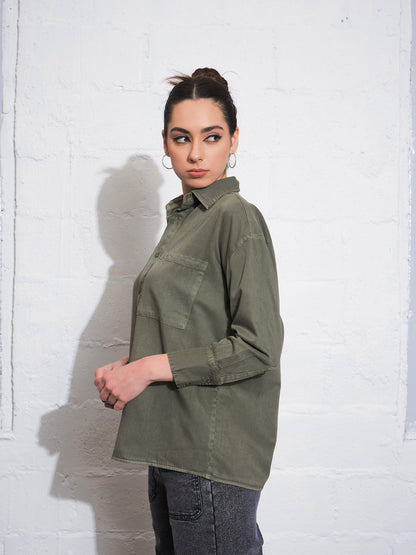 Olive Cotton Twill Oversized Shirt
