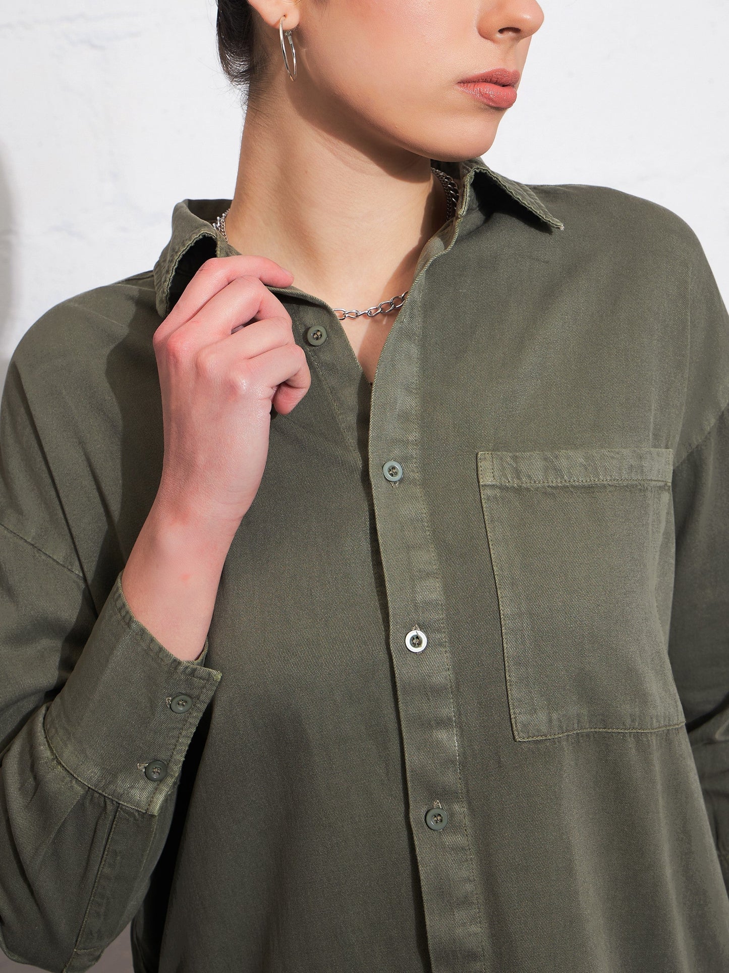 Olive Cotton Twill Oversized Shirt