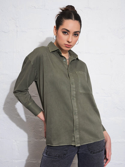 Olive Cotton Twill Oversized Shirt