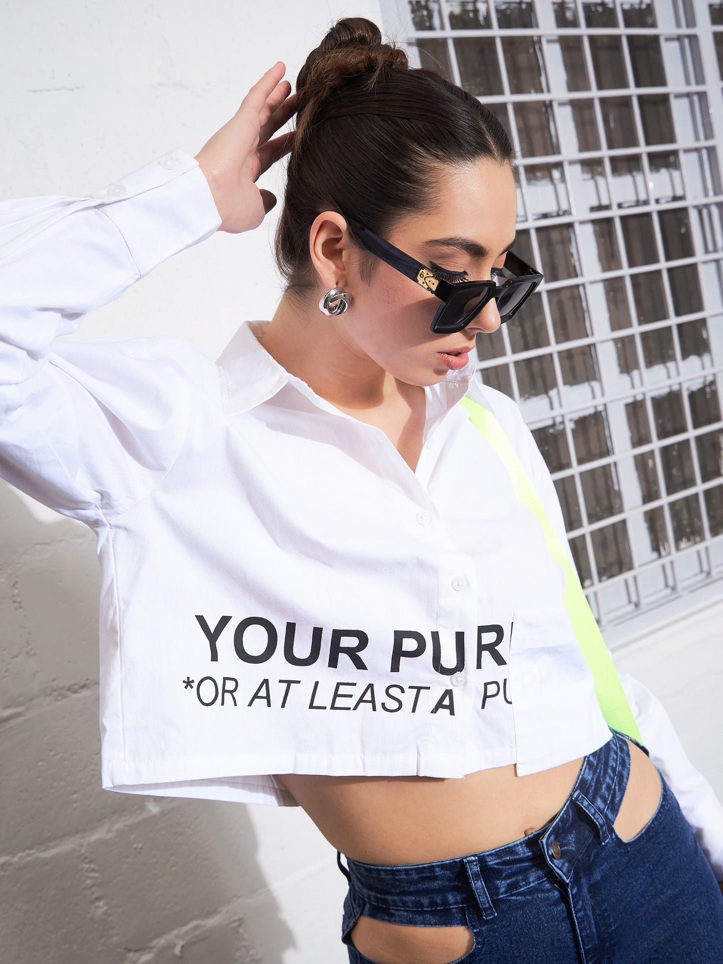 White Poplin FIND YOUR PURPOSE Crop Shirt