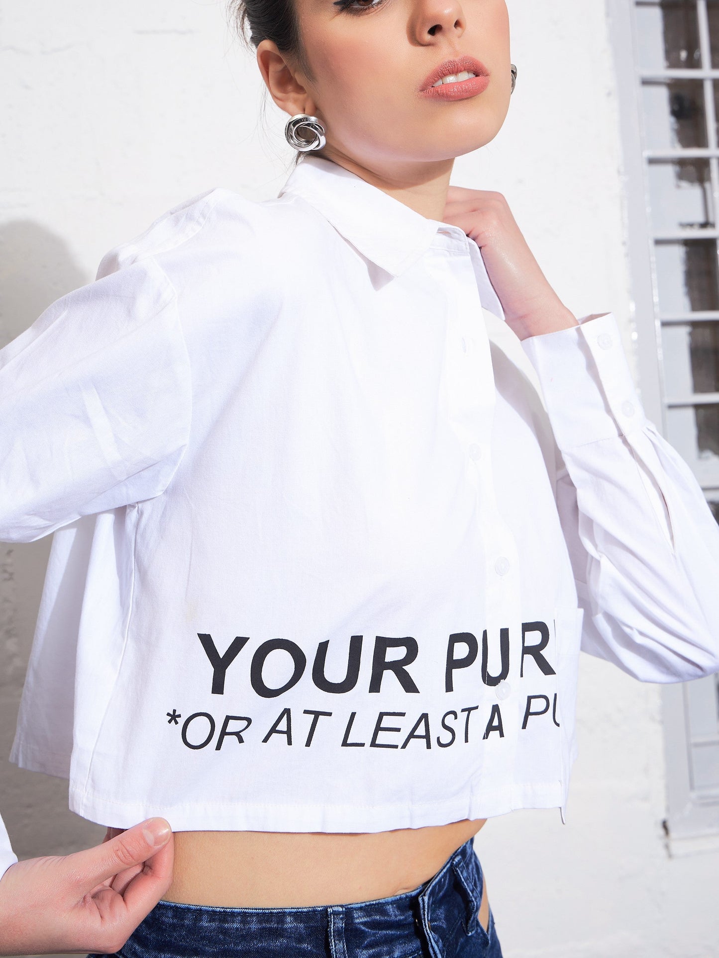White Poplin FIND YOUR PURPOSE Crop Shirt