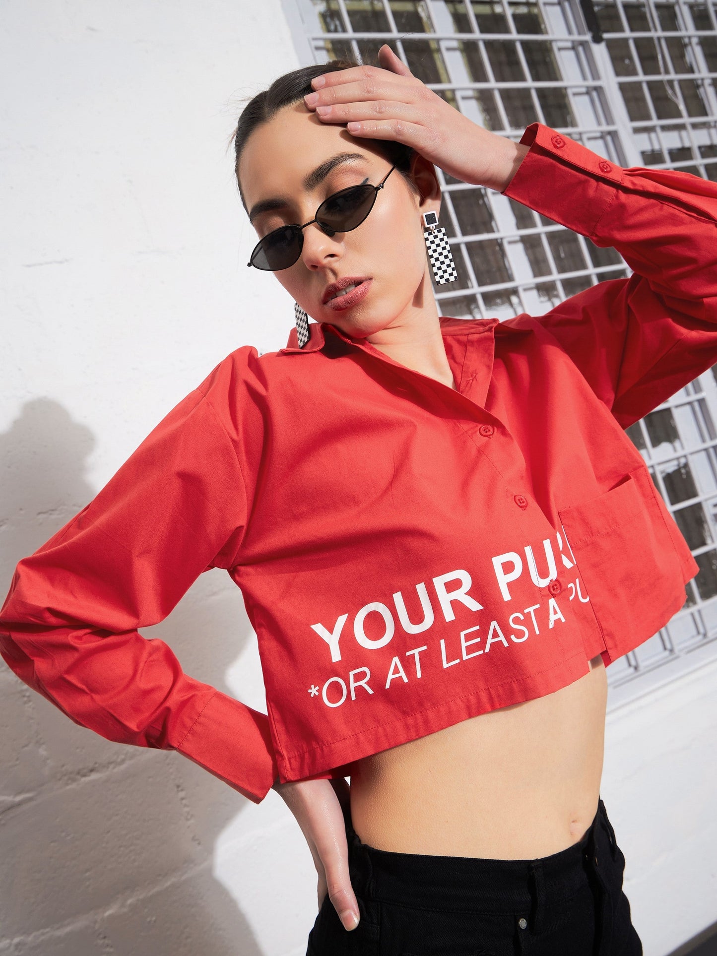 Red Poplin FIND YOUR PURPOSE Crop Shirt