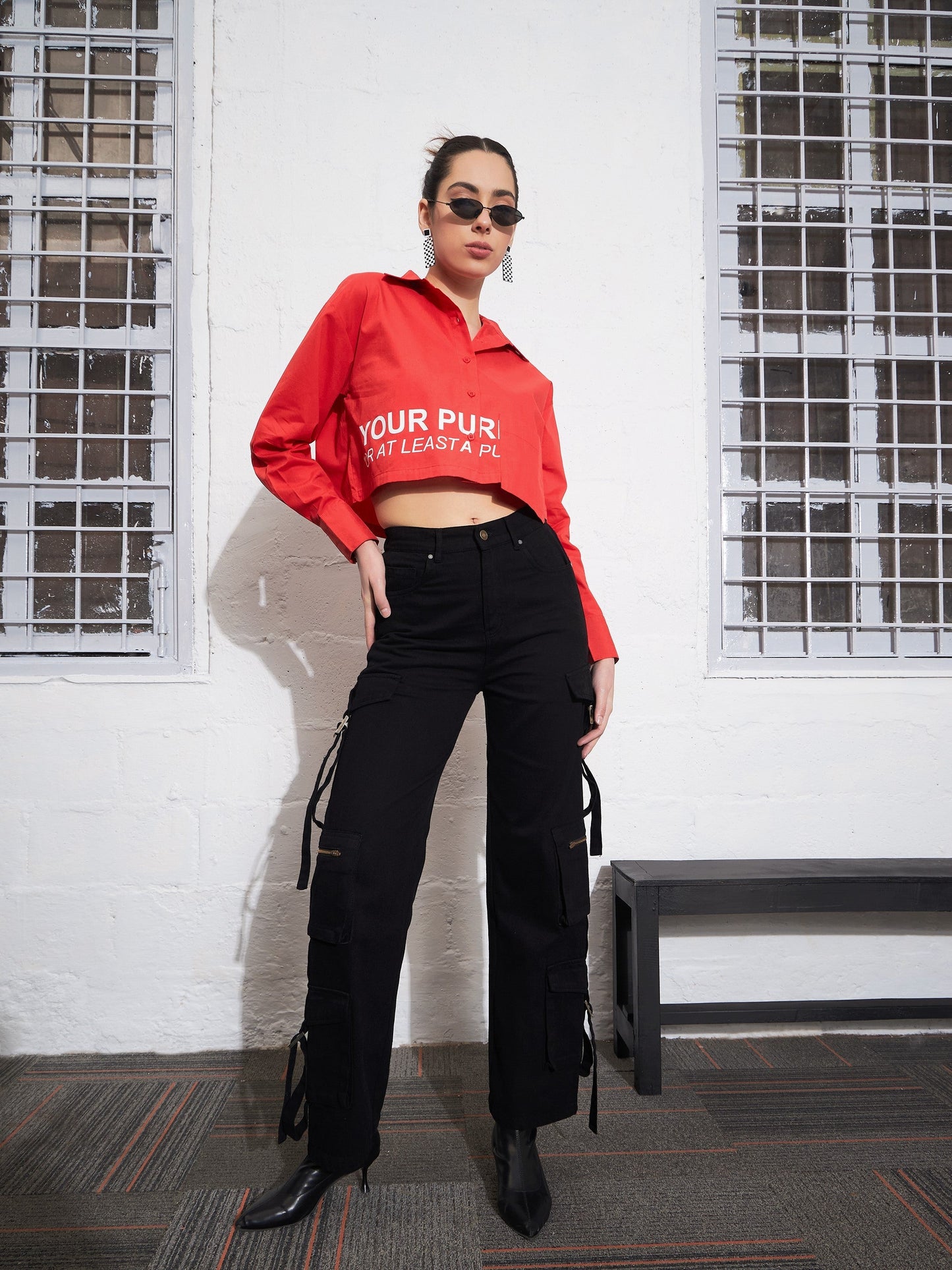 Red Poplin FIND YOUR PURPOSE Crop Shirt