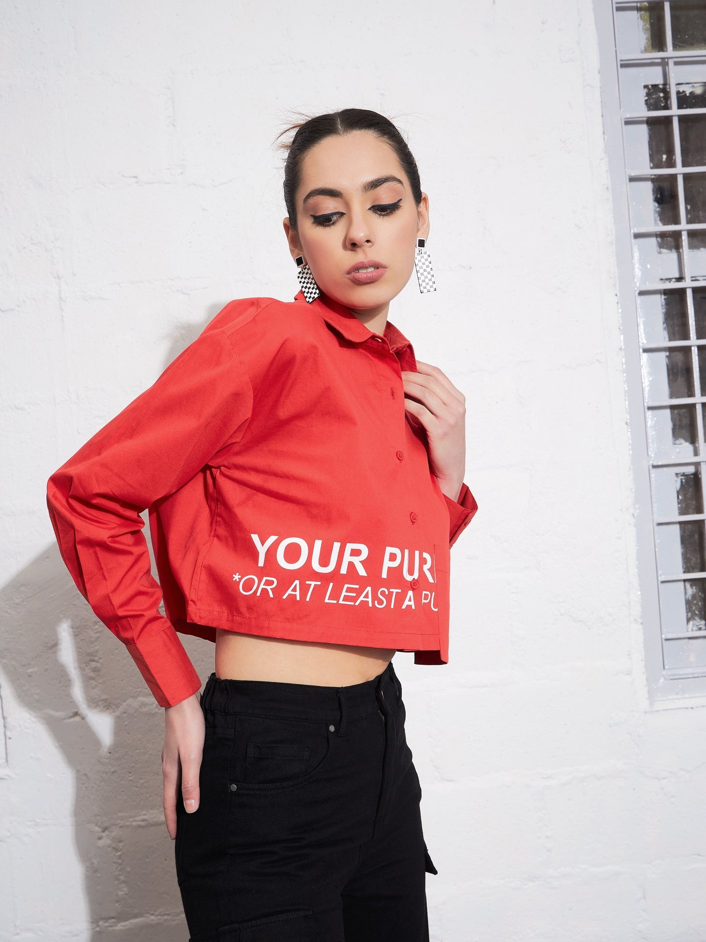 Red Poplin FIND YOUR PURPOSE Crop Shirt