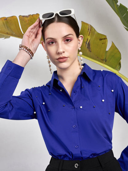 Royal Blue Poplin Pearl Studded Shirt