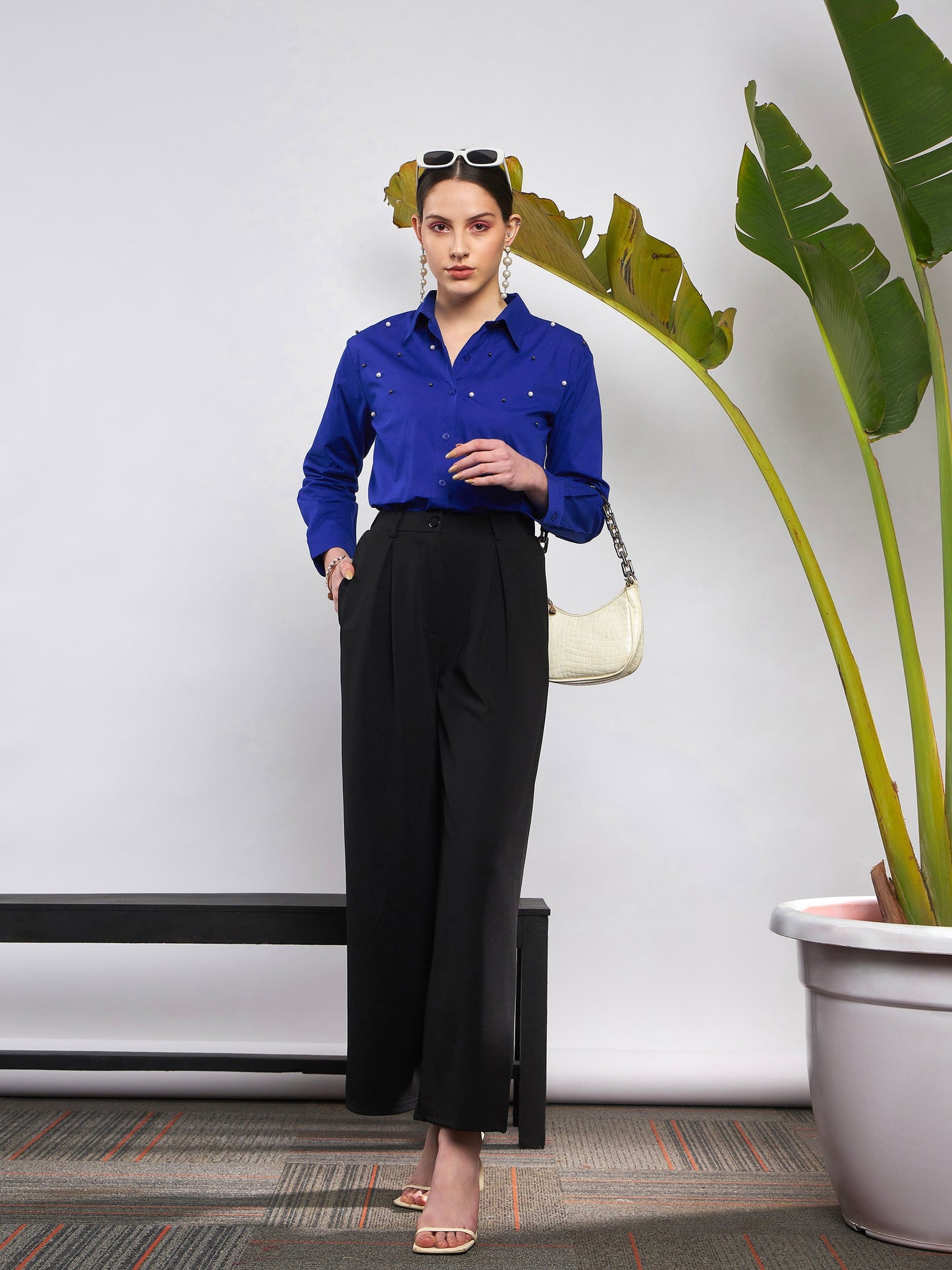 Royal Blue Poplin Pearl Studded Shirt