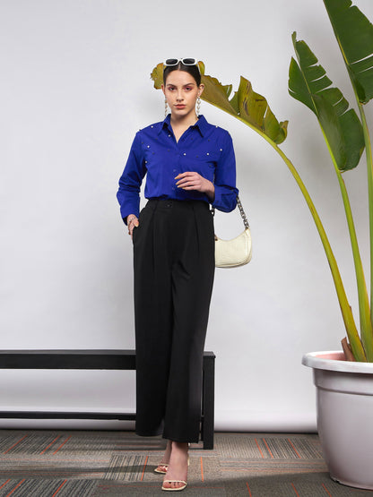 Royal Blue Poplin Pearl Studded Shirt