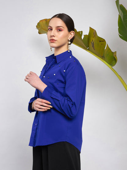 Royal Blue Poplin Pearl Studded Shirt