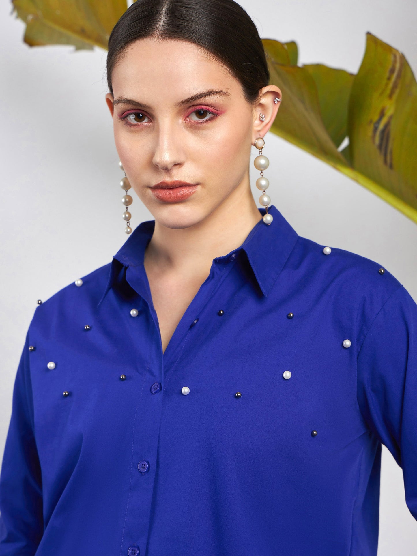 Royal Blue Poplin Pearl Studded Shirt