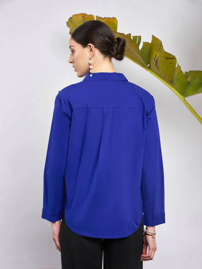 Royal Blue Poplin Pearl Studded Shirt