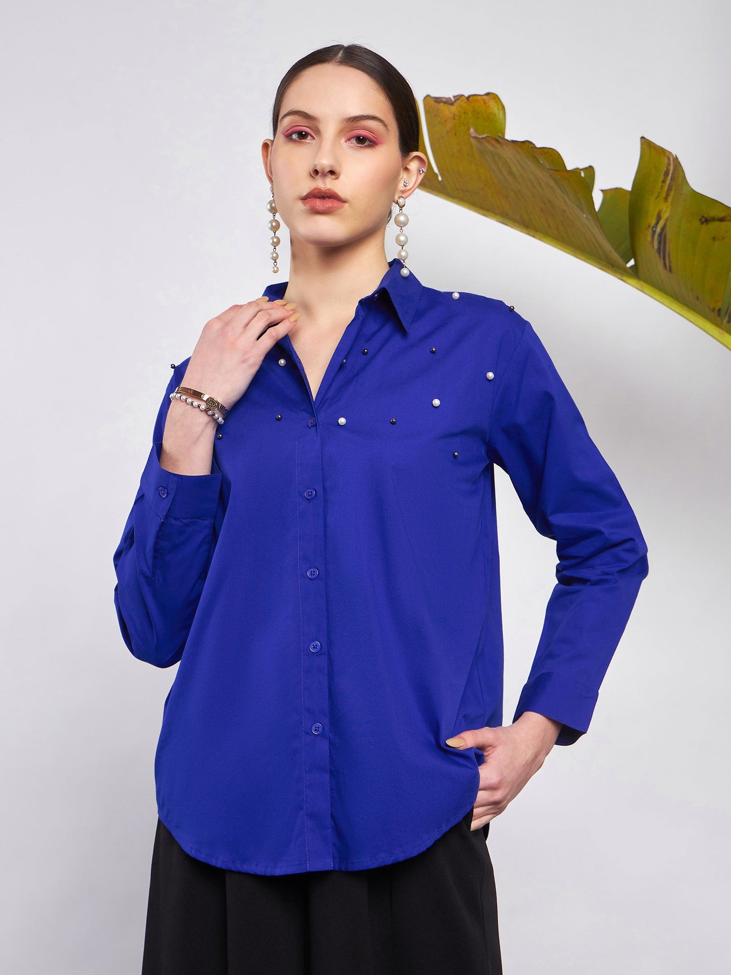Royal Blue Poplin Pearl Studded Shirt