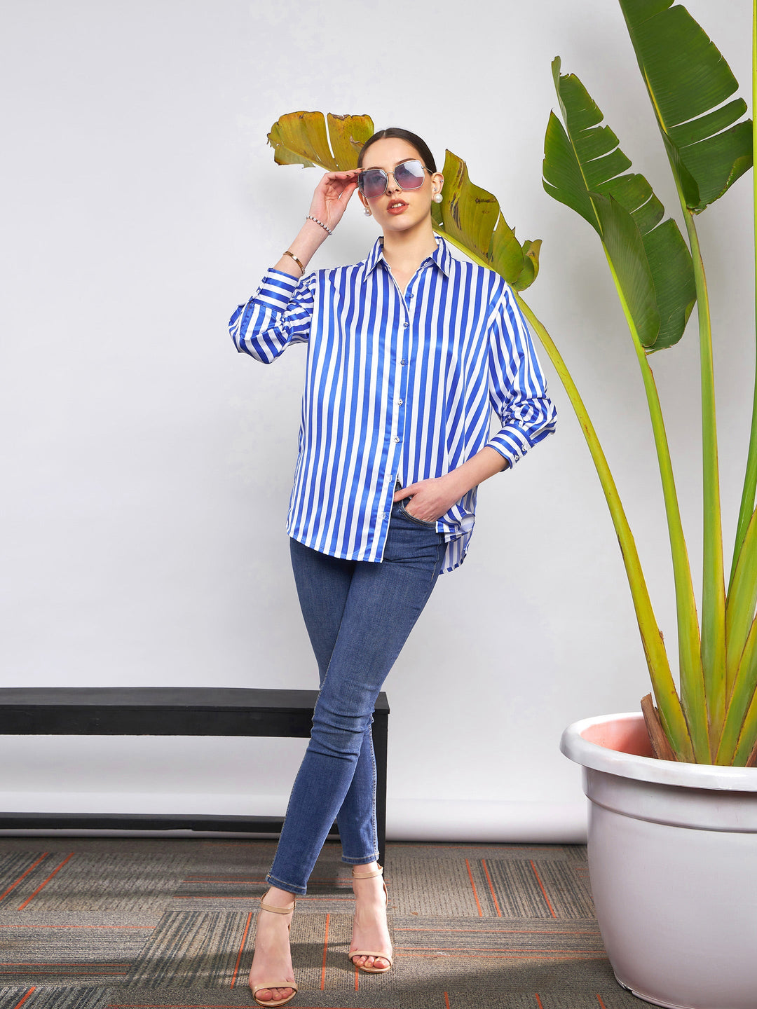 Women Blue &amp; White Satin Striped Shirt