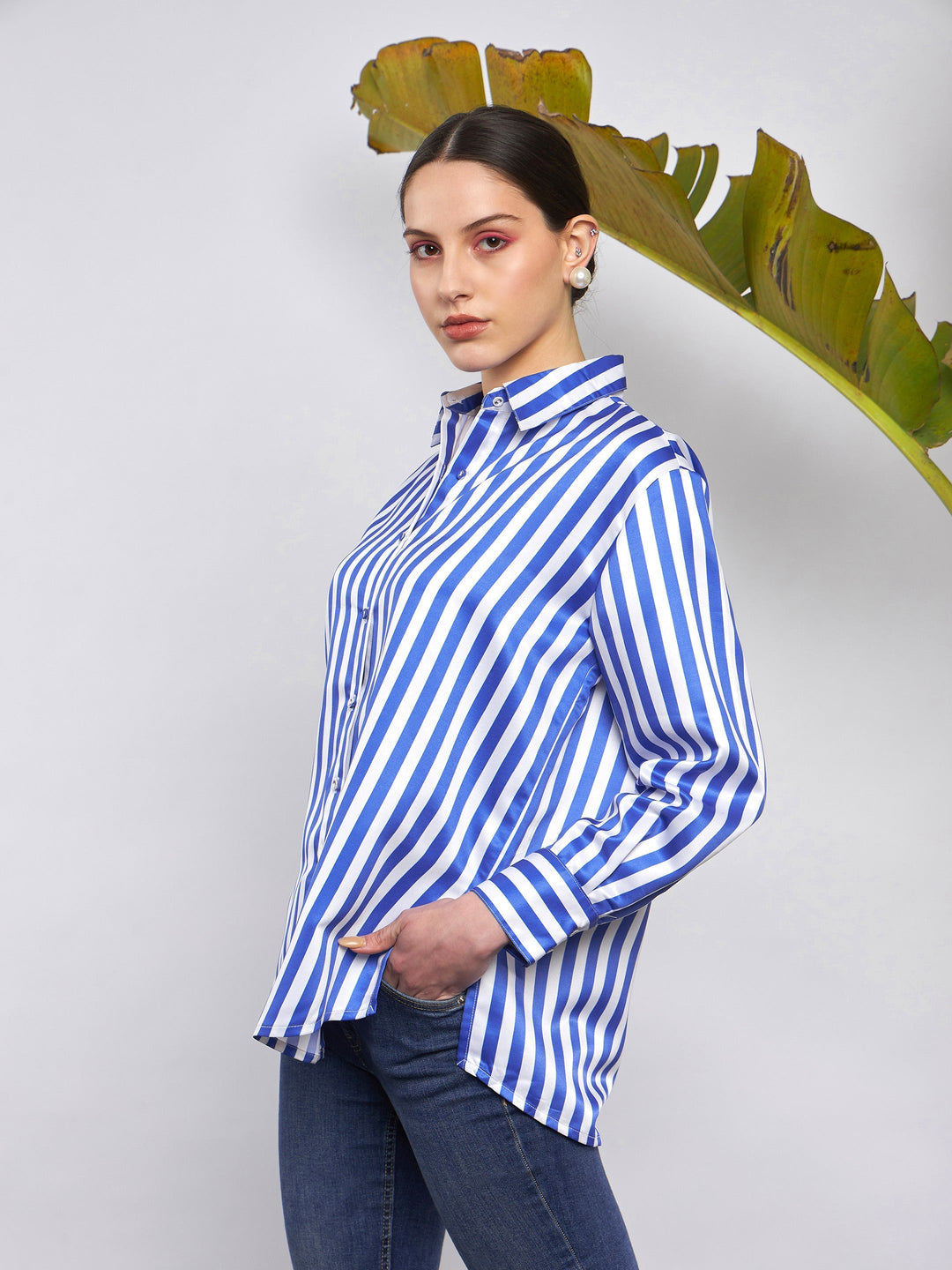 Women Blue &amp; White Satin Striped Shirt