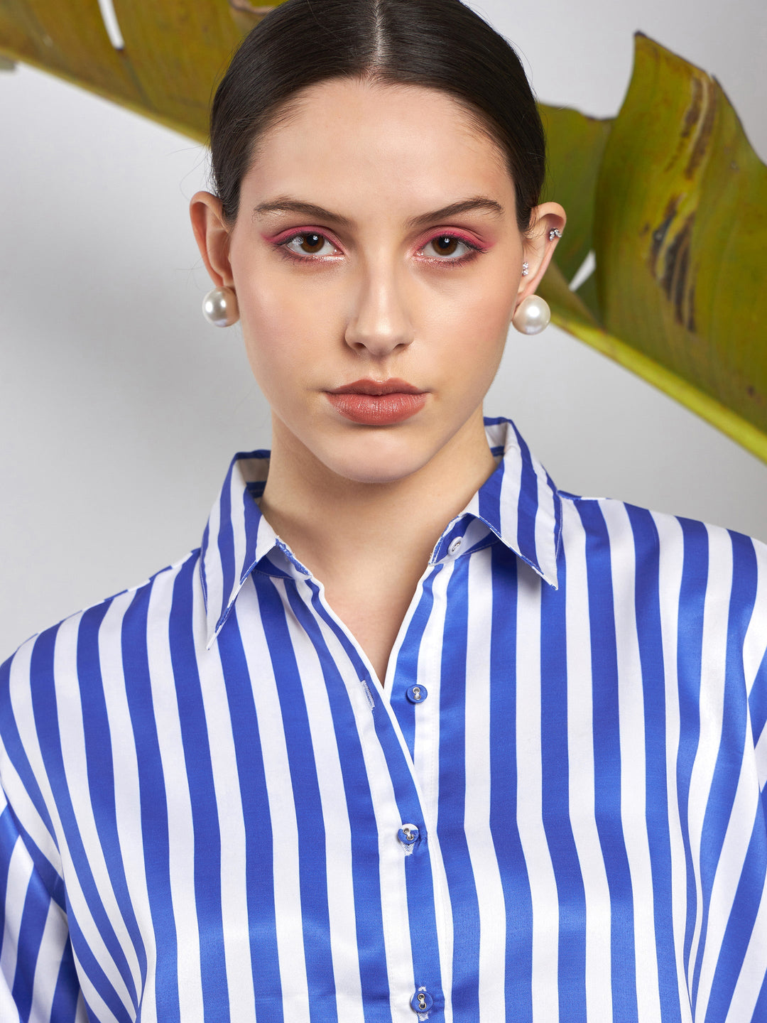 Women Blue &amp; White Satin Striped Shirt