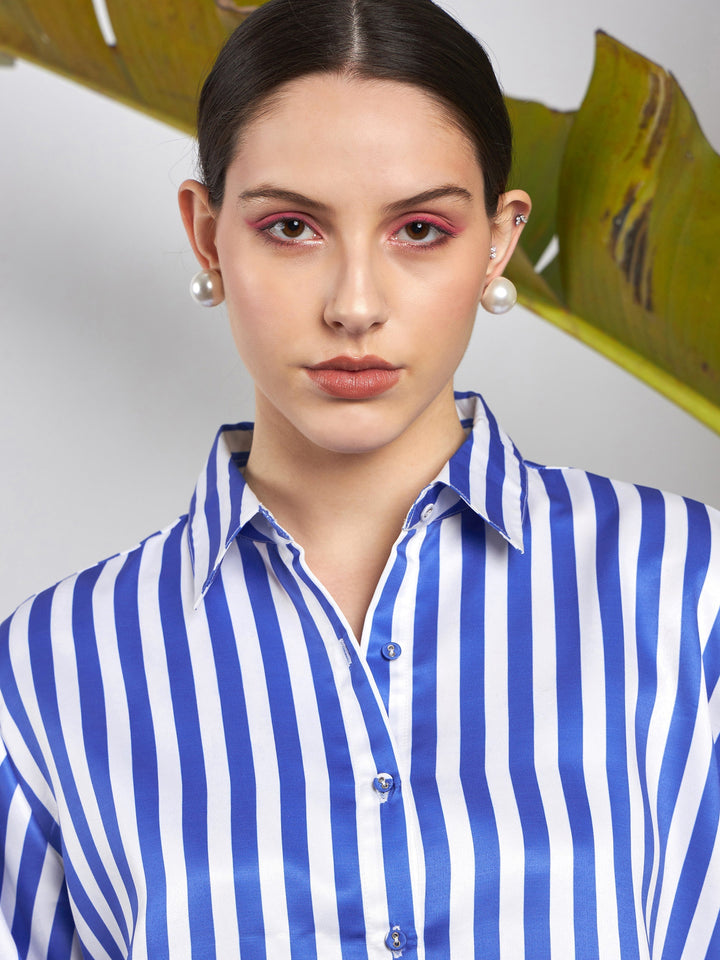 Women Blue &amp; White Satin Striped Shirt