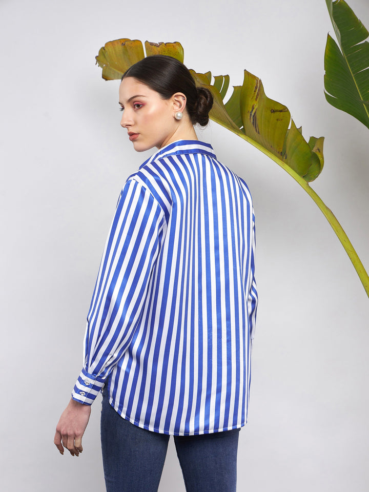 Women Blue &amp; White Satin Striped Shirt