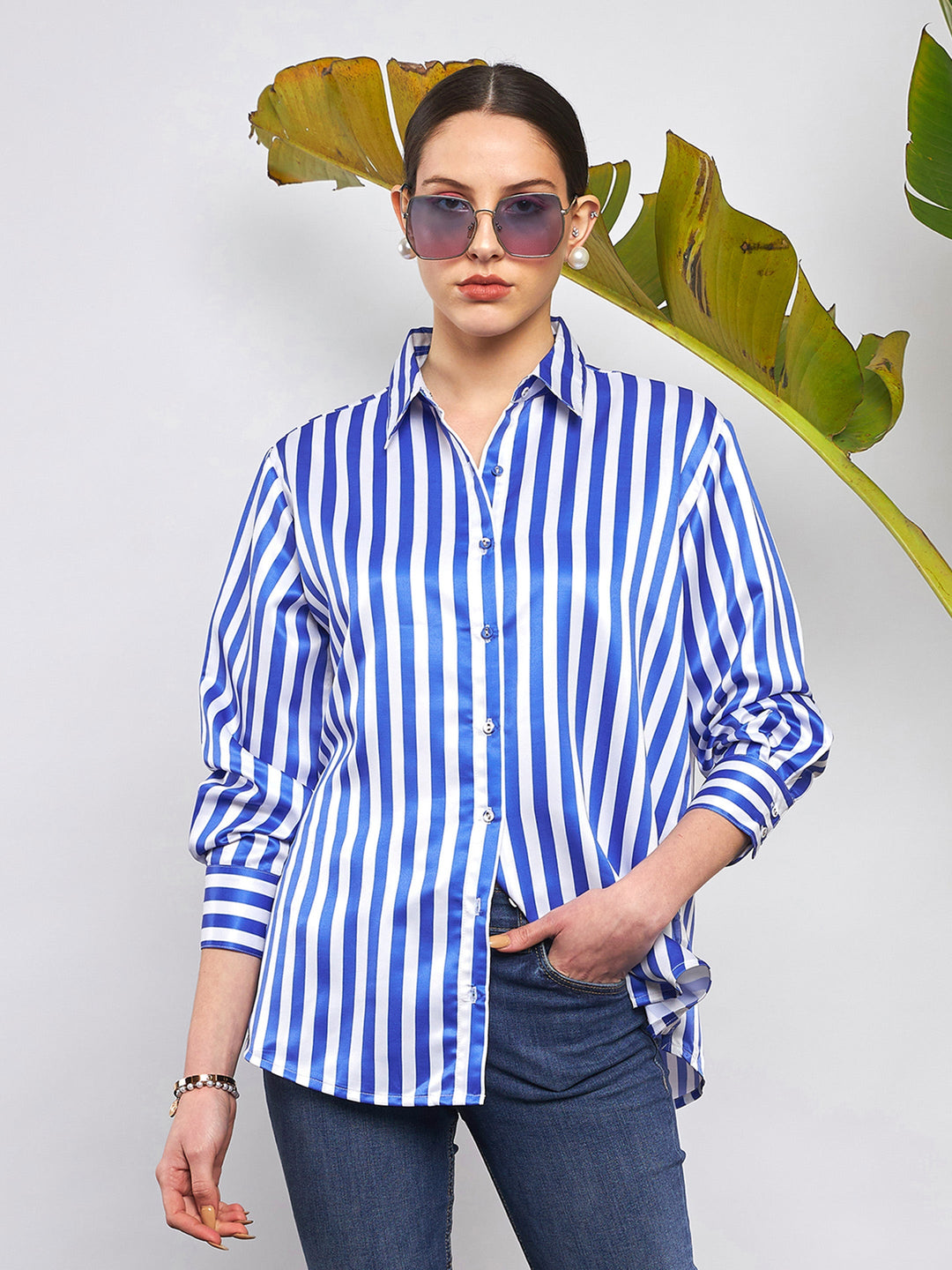 Women Blue &amp; White Satin Striped Shirt