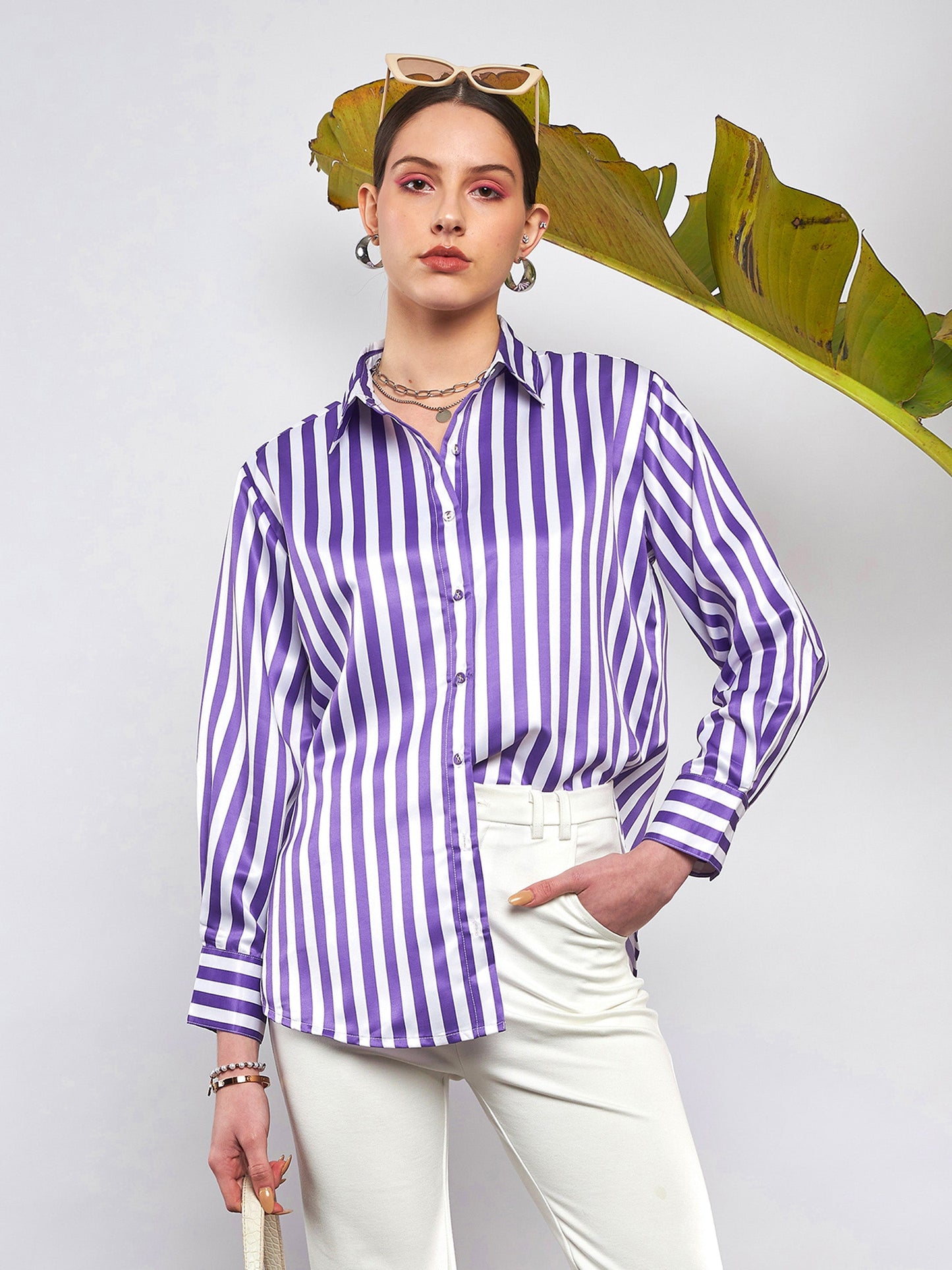 Purple & White Satin Striped Shirt