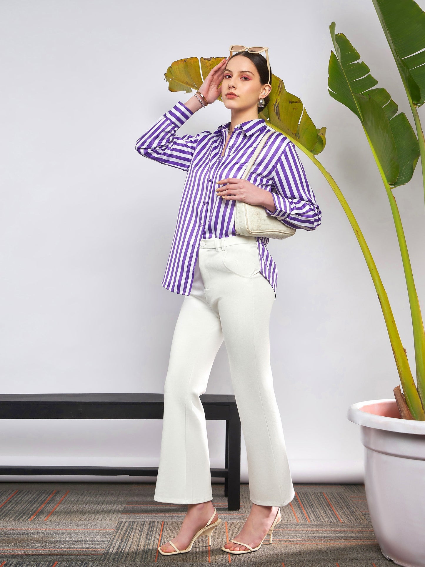 Purple & White Satin Striped Shirt