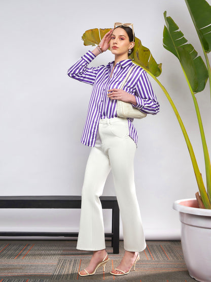 Purple & White Satin Striped Shirt